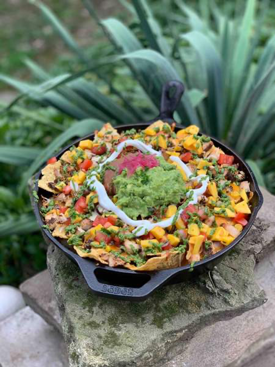 Cilantro Lime Chicken Nachos with Mango Salsa & Cilantro Pesto
